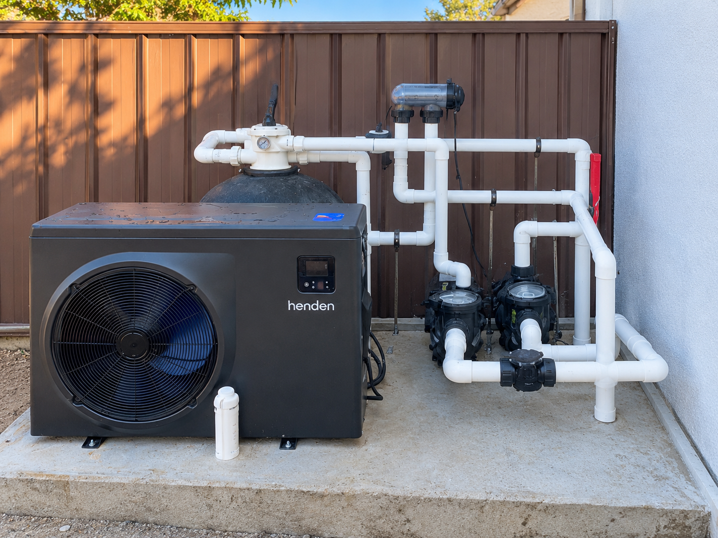 Connected pool heater, pumps, filtration equipment and plumbing