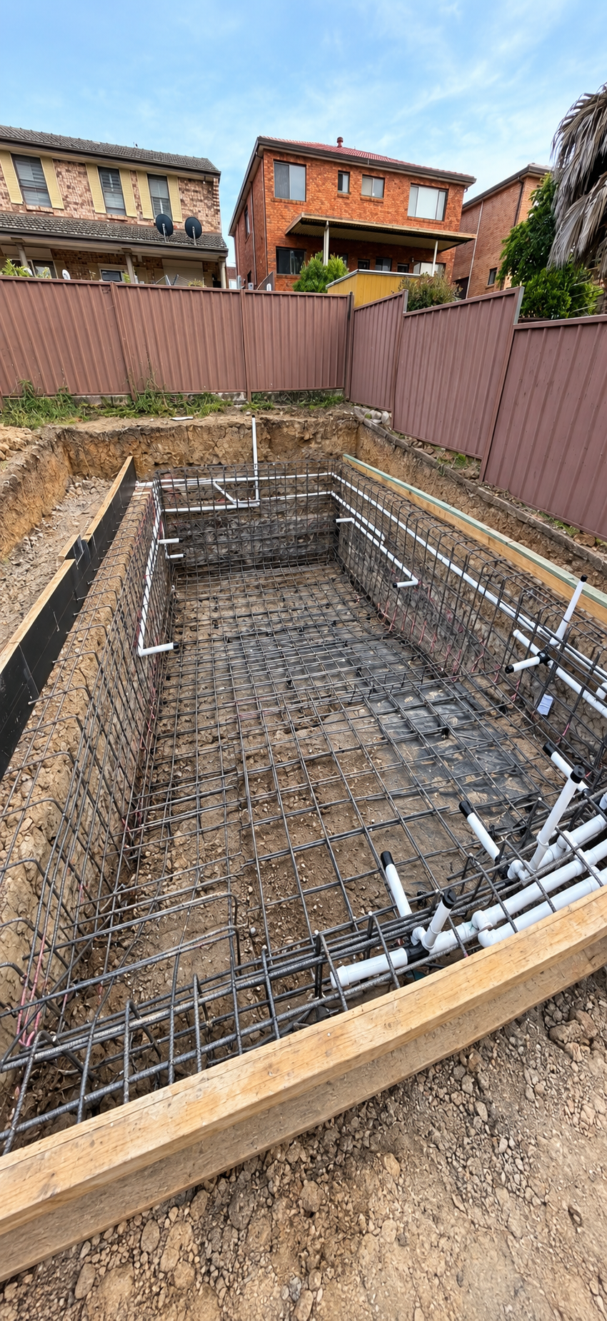 Pool reinforcement and plumbing pipework before the concrete shell
