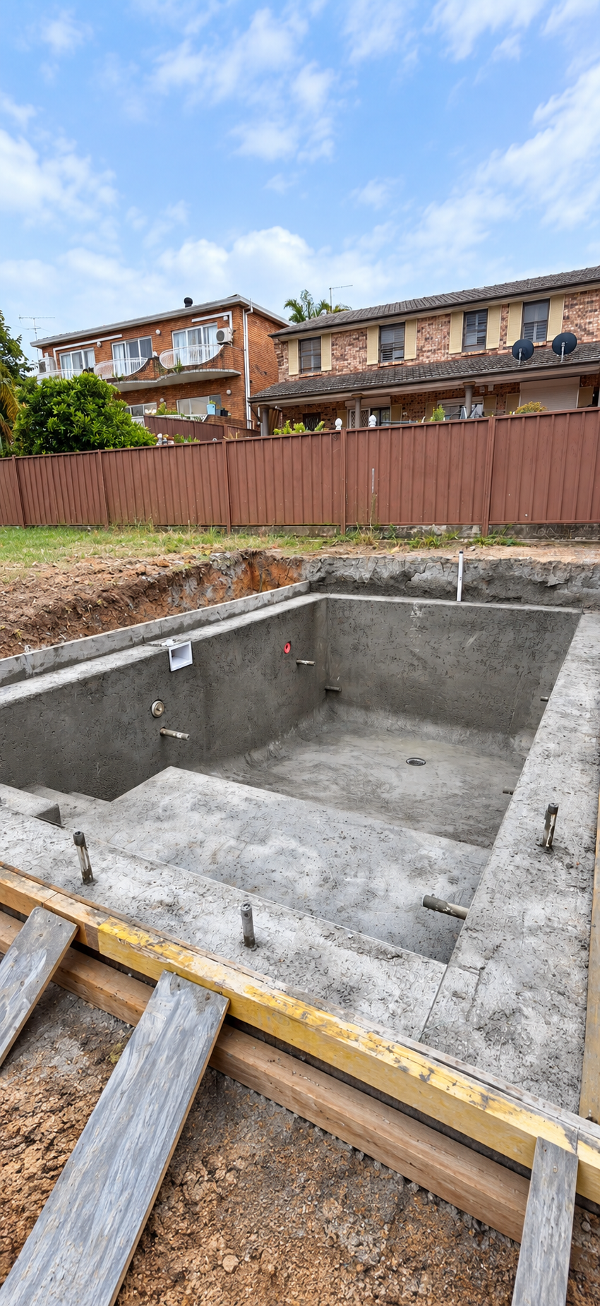 Concrete pool shell with plumbing outlets and skimmer opening